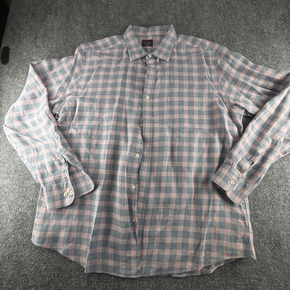 UNTUCKit Sutton WR Mens XXL Pink Blue Gingham 100% Linen Long Sleeve Shirt 40538